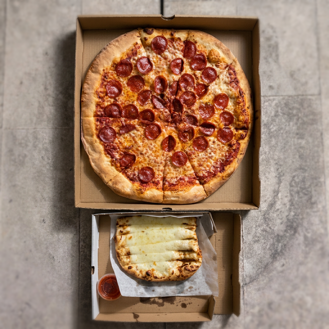 Large Cheese Pizza & Cheesy Bread.